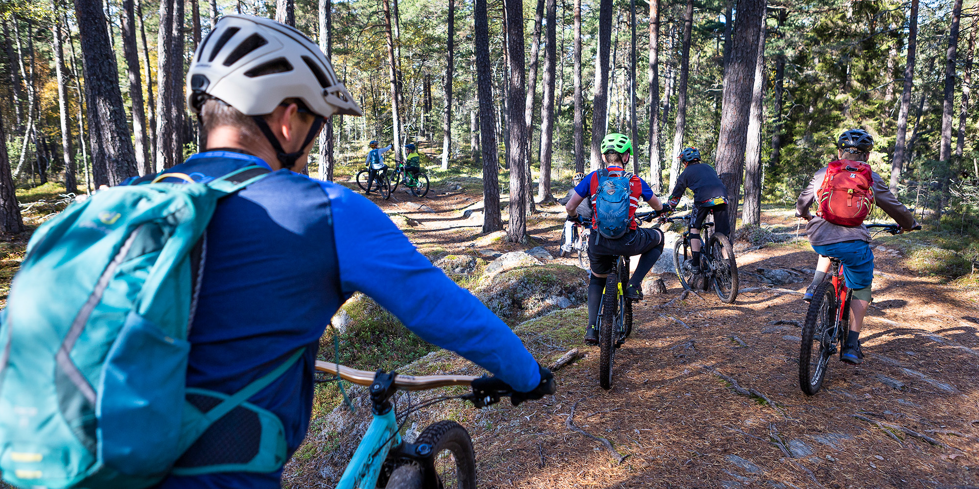 Ledare och ungdomar cyklar i skogen.jpg